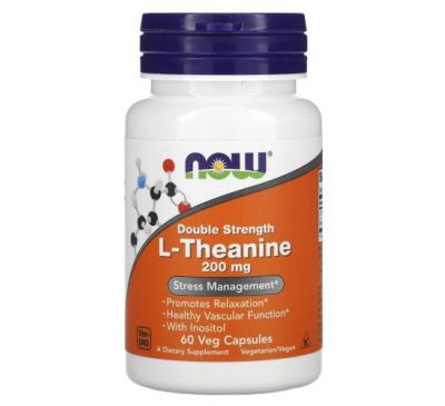 NOW Foods, L-Theanine, Double Strength, 200 mg, 60 Veg Capsules