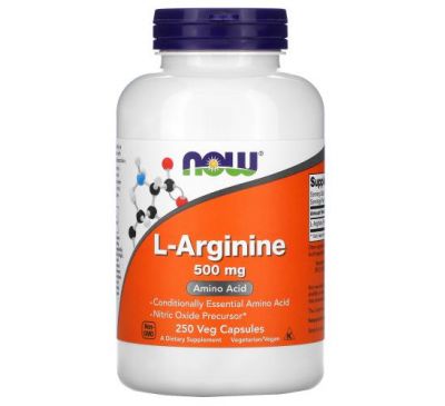 NOW Foods, L-аргінін, 500 мг, 250 рослинних капсул