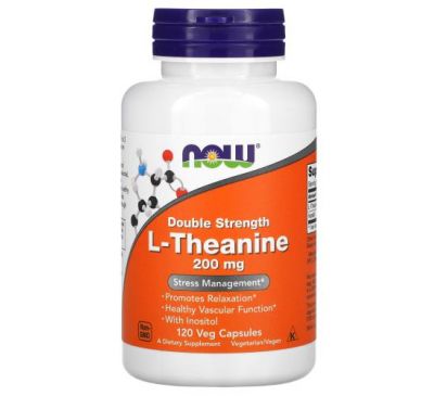 NOW Foods, L-теанін подвійної сили дії, 200 мг, 120 рослинних капсул