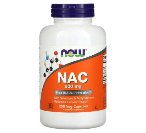 NOW Foods, N-ацетилцистеїн, 600 мг, 250 мг, 120 рослинних капсул