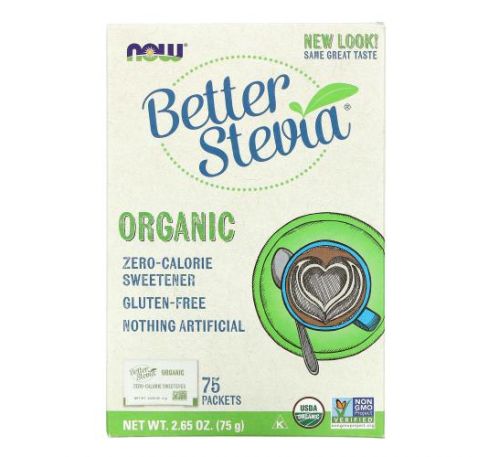 NOW Foods, Organic Better Stevia, Zero-Calorie Sweetener, 75 Packets, 2.65 oz (75 g)