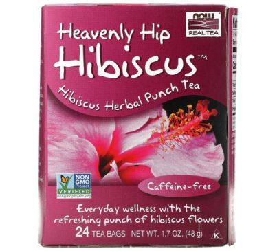 NOW Foods, Real Tea, Heavenly Hip Hibiscus, Caffeine Free, 24 Tea Bags, 1.7 oz (48 g)