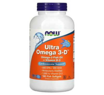 NOW Foods, Ultra Omega 3-D, 600 мг ЕПК / 300 мг ДГК, 180 рибних капсул