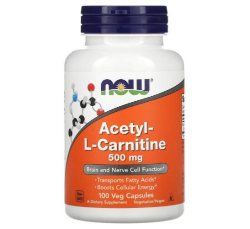 NOW Foods, ацетил-L-карнітин, 500 мг, 100 вегетаріанських капсул