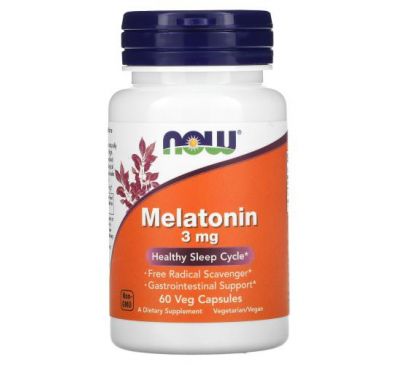 NOW Foods, мелатонин, 3 мг, 60 растительных капсул