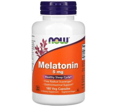 NOW Foods, мелатонін, 5 мг, 180 вегетаріанських капсул