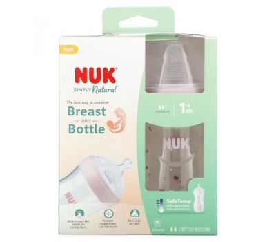 NUK, Simply Natural Baby Bottle, 1+ Months, Medium, Pink, 2 Bottles, 9 oz (270 ml) Each