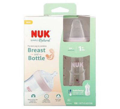 NUK, Simply Natural, детская бутылочка, для детей от 1 месяца, средняя, 2 бутылочки по 270 мл (9 унций)