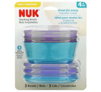 NUK, Stacking Bowls, 4+ Months, Purple & Teal, 3 Bowls + 3 Lids
