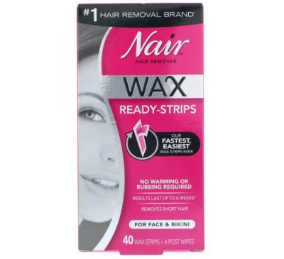 Nair, Hair Remover, Wax Ready-Strips, For Face & Bikini, 40 Wax Strips + 4 Post Wipes
