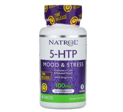 Natrol, 5-HTP, повільне вивільнення, підвищена сила дії, 100 мг, 45 таблеток