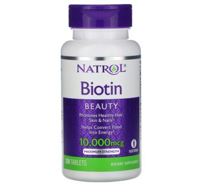 Natrol, биотин, максимальная сила действия, 10 000 мкг, 200 таблеток
