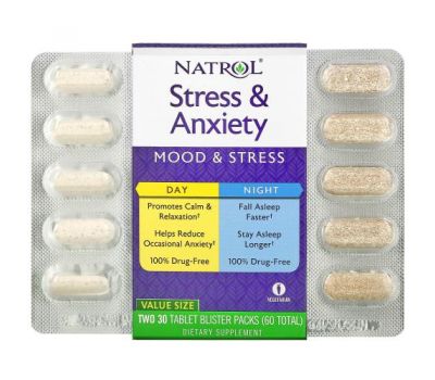 Natrol, Stress & Anxiety, Day & Night, Two 30 Tablet Blister Packs (60 Total)