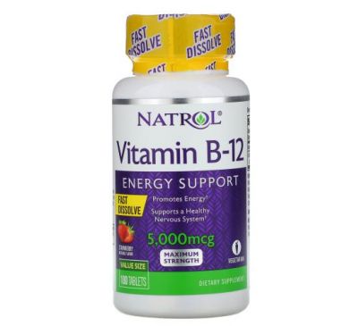 Natrol, Витамин B12, быстрорастворимый, максимальная эффективность, клубника, 5000 мкг, 100 таблеток