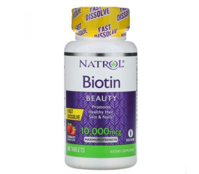 Natrol, біотин, максимальна сила дії, полуниця, 10 000 мкг, 60 таблеток