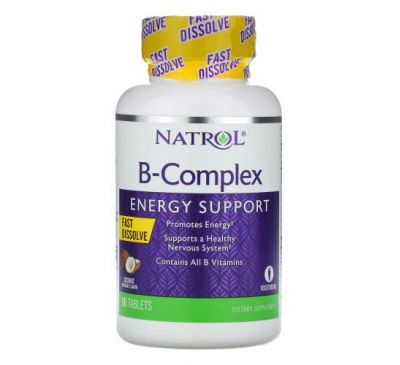 Natrol, комплекс вітамінів групи B, швидкорозчинна форма, натуральний кокосовий смак, 90 таблеток