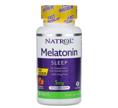 Natrol, мелатонін, що швидко розчиняється, посилена дія, зі смаком полуниці, 5 мг, 90 таблеток