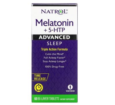 Natrol, мелатонін та 5-HTP, для покращення сну, 60 двошарових таблеток