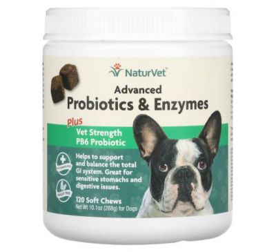 NaturVet, Advanced Probiotics and Enzymes, Plus Vet Strength PB6 Probiotic for Dogs, 120 Soft Chews