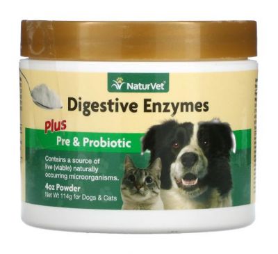 NaturVet, Digestive Enzymes Plus Pre & Probiotic, Powder for Dogs & Cats, 4 oz (114 g)