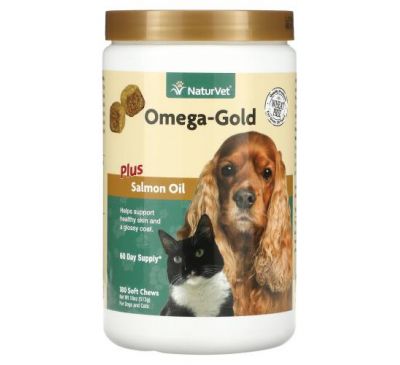 NaturVet, Omega-Gold Plus Salmon Oil, For Dogs and Cats, 180 Soft Chews
