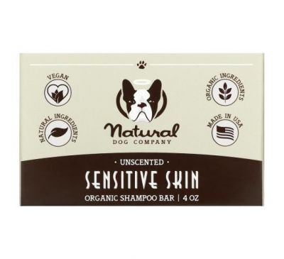 Natural Dog Company, Organic Shampoo Bar Soap, Sensitive Skin, Unscented, 4 oz