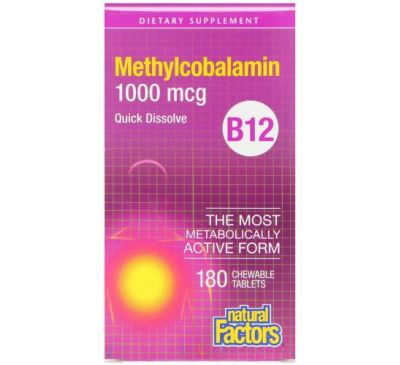 Natural Factors, B12, метилкобаламін, 1000 мкг, 180 жувальних таблеток
