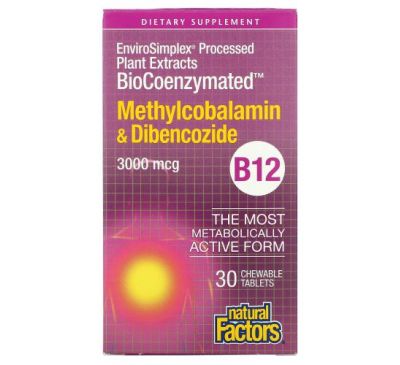 Natural Factors, BioCoenzymated, B12, Methylcobalamin & Dibencozide, 3,000 mcg, 30 Chewable Tablets