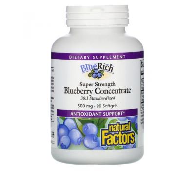 Natural Factors, BlueRich, Super Strength, концентрат лохини, 500 мг, 90 капсул