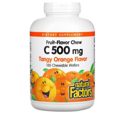 Natural Factors, Fruit-Flavor Chew Vitamin C, Tangy Orange, 500 mg, 180 Chewable Wafers