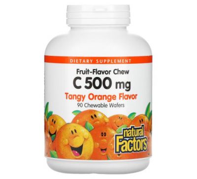 Natural Factors, Жевательный витамин C со вкусом фруктов, пикантный апельсин, 500 мг, 90 жевательных вафель