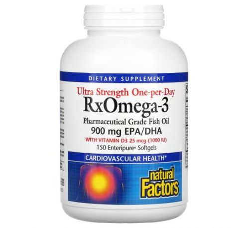 Natural Factors, RxOmega-3, високоефективна добавка з вітаміном D3, 900 мг ЕПК/ДГК, 150 капсул Enteripure