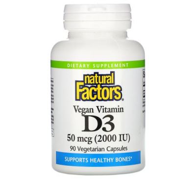 Natural Factors, Веганский витамин D3, 50 мкг (2000 МЕ), 90 вегетарианских капсул