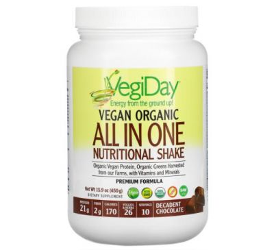 Natural Factors, VegiDay, Vegan Organic All In One Nutritional Shake, Decadent Chocolate, 15.9 oz (450 g)