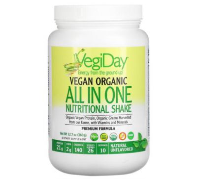 Natural Factors, VegiDay, Vegan Organic All In One Nutritional Shake, Natural Unflavored, 12.7 oz (360 g)