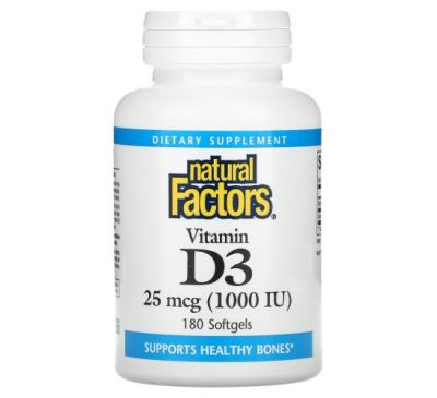 Natural Factors, Vitamin D3, 25 mcg (1,000 IU), 180 Softgels