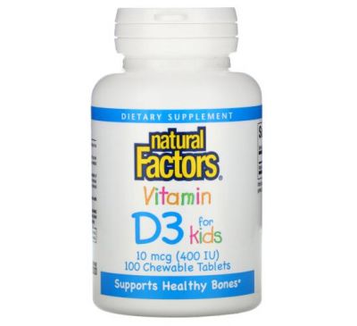 Natural Factors, вітамін D3, зі смаком полуниці, 10 мкг (400 МО), 100 жувальних таблеток