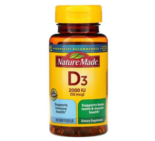 Nature Made, Vitamin D3, 2,000 IU (50 mcg), 90 Softgels