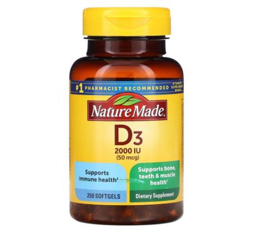 Nature Made, Vitamin D3, 2000 IU (50 mcg), 250 Softgels