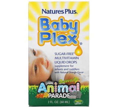 NaturesPlus, Source of Life, Animal Parade, Baby Plex, рідкі мультивітамінні краплі без цукру, натуральний апельсиновий смак, 60 мл (2 рідк. унції)