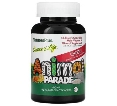 NaturesPlus, Source of Life, Animal Parade, Children's Chewable Multi-Vitamin & Mineral Supplement, Cherry, 90 Animal-Shaped Tablets