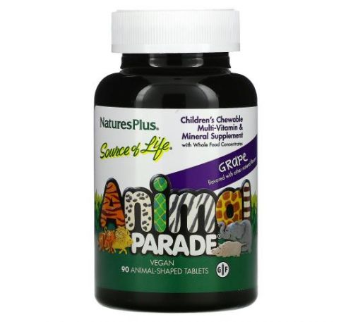 NaturesPlus, Source of Life,  Animal Parade, Children's Chewable Multi-Vitamin & Mineral Supplement, Grape, 90 Animal-Shaped Tablets