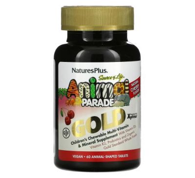NaturesPlus, Source of Life, Animal Parade, Gold, Children's Chewable Multi-Vitamin & Mineral Supplement, Cherry, 60 Animal-Shaped Tablets