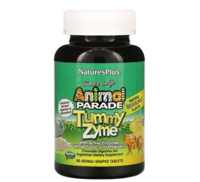 NaturesPlus, Source of Life, Animal Parade, Tummy Zyme з активними ферментами, цільними продуктами та пробіотиками, натуральний смак тропічних фруктів, 90 таблеток в формі тварин