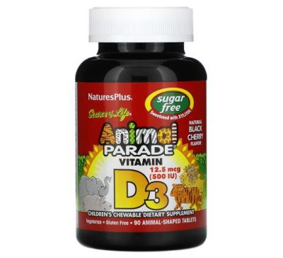 NaturesPlus, Source of Life, Animal Parade, вітамін D3, з натуральним вишневим смаком, без цукру, 12,5 мг (500 МО), 90 таблеток у формі тварин