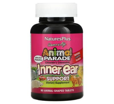 NaturesPlus, Source of Life, Animal Parade, жувальні таблетки для підтримки внутрішнього вуха у дітей, натуральна вишня, 90 таблеток у формі тварин