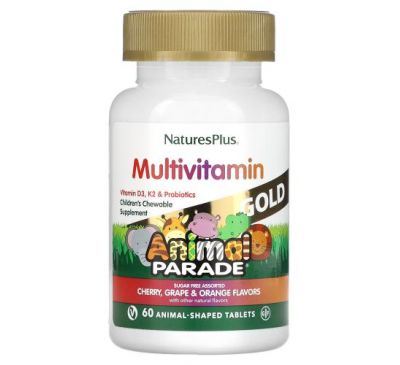NaturesPlus, Source of Life, Animal Parade Gold, Children's Chewable Multi-Vitamin & Mineral Supplement, Assorted Flavors, 60 Animal-Shaped Tablets