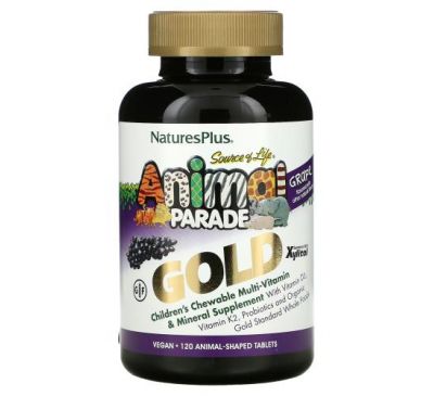 NaturesPlus, Source of Life, Animal Parade Gold, Children's Chewable Multi-Vitamin & Mineral Supplement, Natural Grape Flavor, 120 Animal-Shaped Tablets