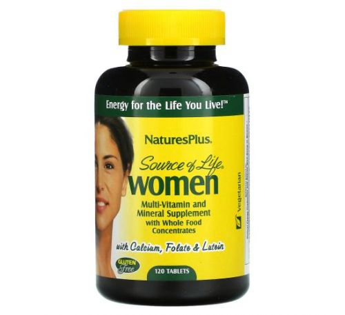 NaturesPlus, Source of Life, мультивітаміни та мікроелементи з цільнохарчовими концентратами для жінок, 120 таблеток.