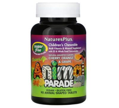 NaturesPlus, Source of Life, Animal Parade, жувальна добавка для дітей з мультивітамінами й мікроелементами, асорті натуральних смаків, 90 таблеток у формі тварин